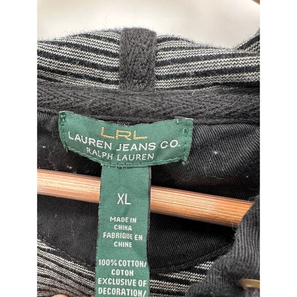 LRL Black Gray Striped Pullover Henley Hoodie Shirt Roll Tab Women XL Cotton - Picture 6 of 7